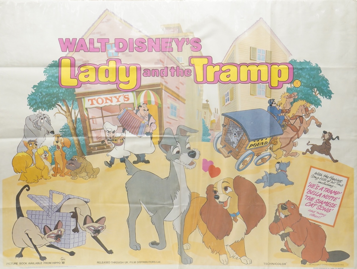 A vintage Lady and the Tramp film poster, copyright MCMLV, printed in England by W. E. Berry, unframed, 76 x 100cm